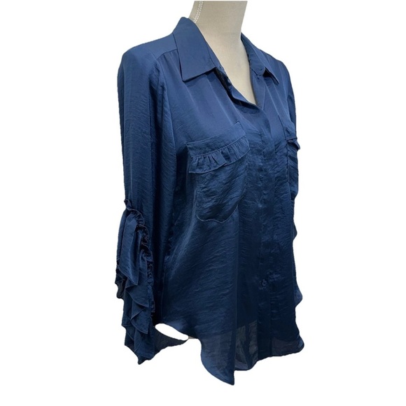 MISA Silky Romantic Button Blouse Womens Medium 3/4 Sleeves Ruffle Blue Satin - Picture 2 of 9